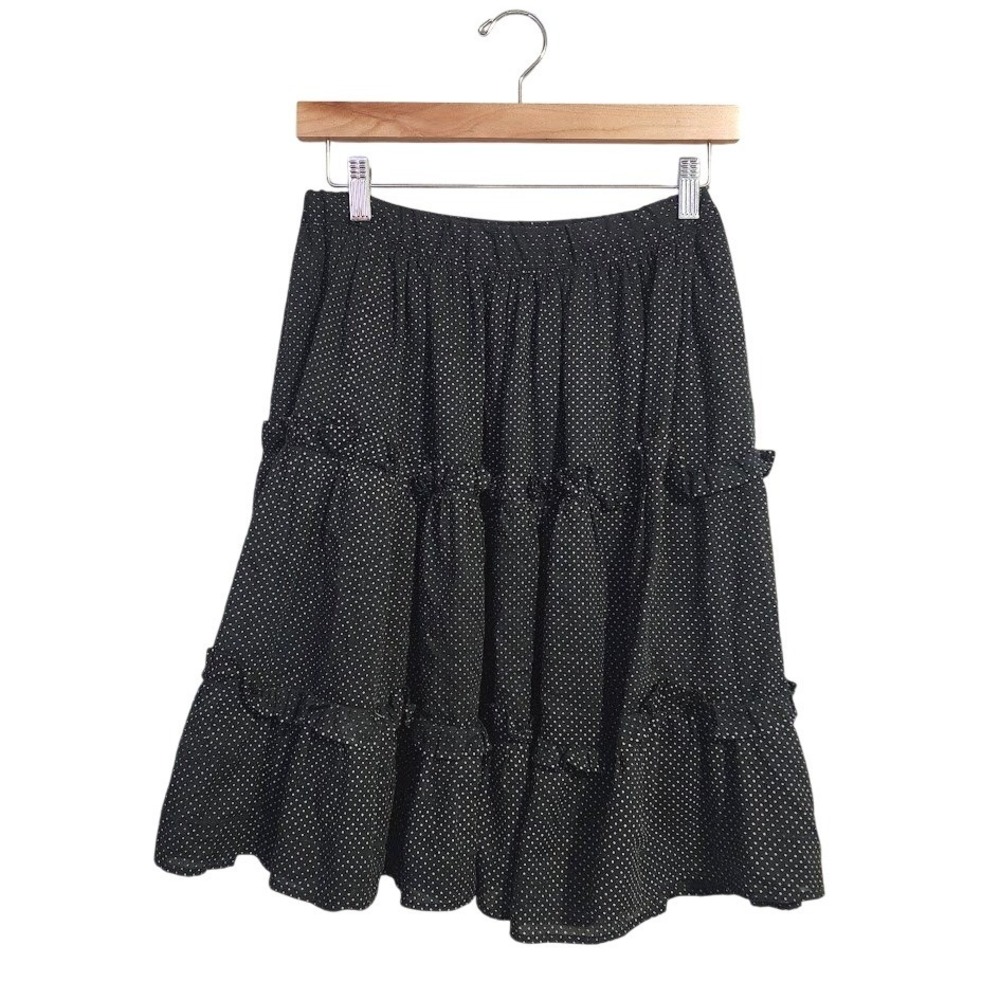VINTAGE 80s Handmade White Polka Dot Tiered Ruffle Skirt in black Cottagecore